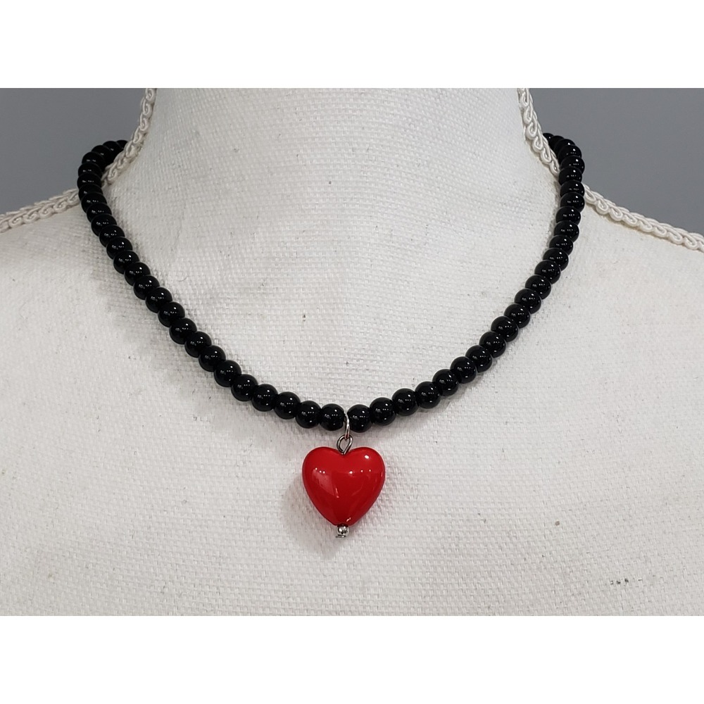 MAYAMAR DAINTY BLACK RED Beaded Heart Charm Necklace Stacker Layering Minimalist